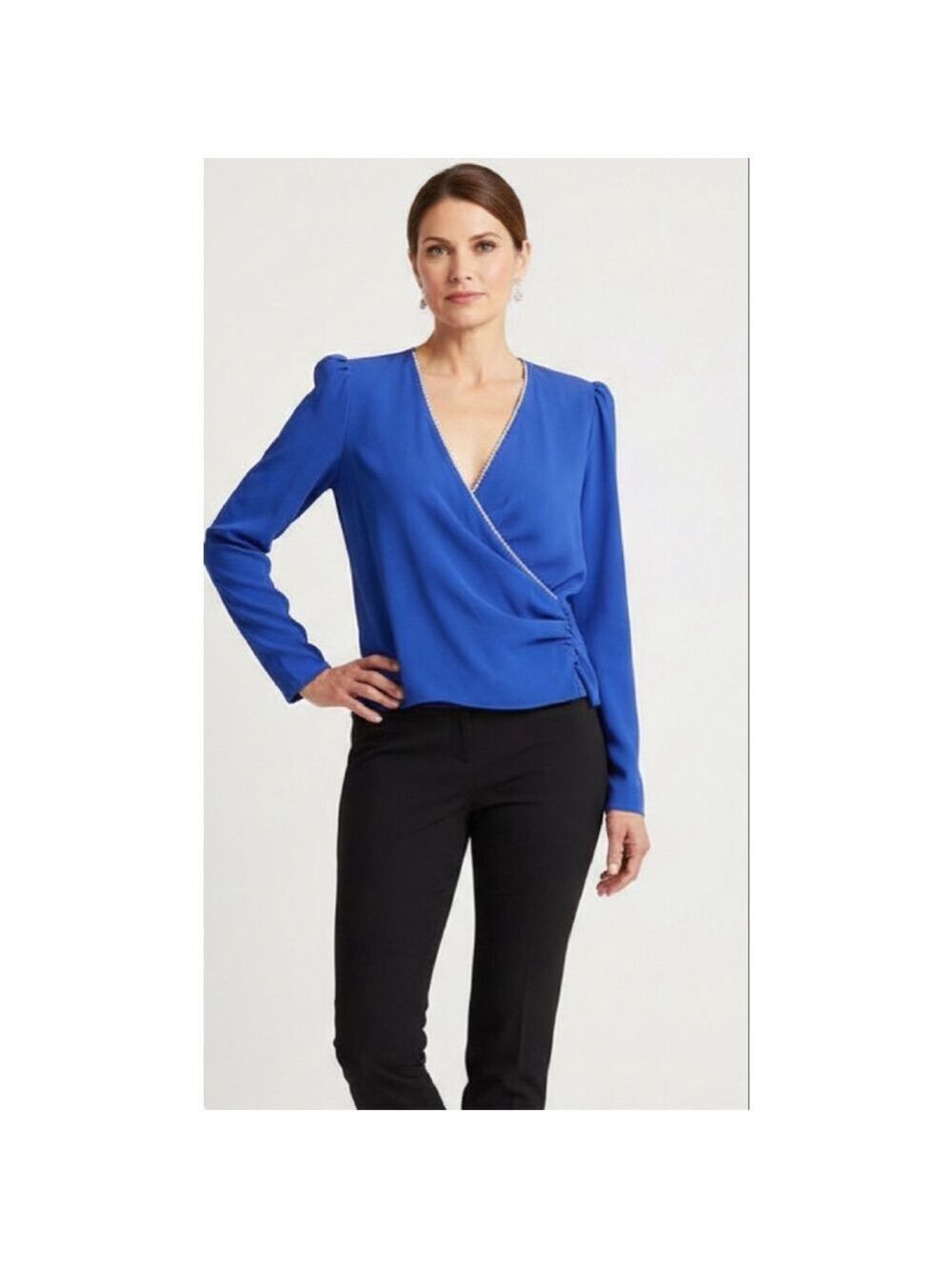 Vintage 80s Royal Blue Rhinestone Drape Wrap Blouse S/M 18” Pit to Pit